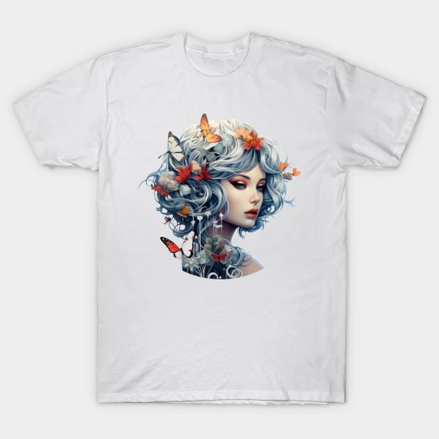 Beautiful woman's face with flowers and butterflies T-Shirt by Liana Campbell